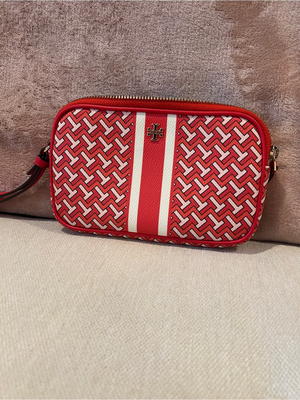 Tory Burch Redish orange and White Patterned wristlet
